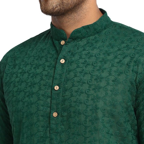 Designer Green Cotton Chikankari Lucknowi Jaal Embroidered Kurta for Men - Picture 4 of 5